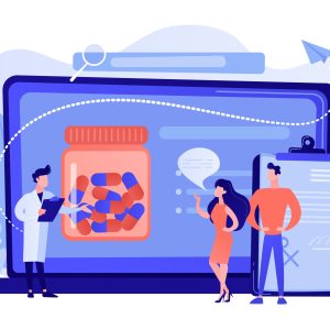 Online prescription system concept vector illustration. Tiny people, doctor prescribing medicine to patients online. Online prescription system, prescription management system, online pharmacy concept. Pinkish coral bluevector vector isolated illustration