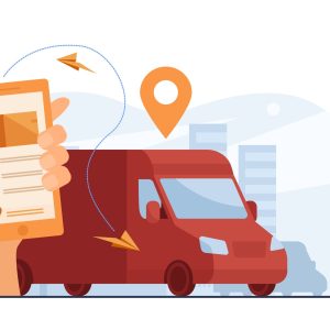 Customer using mobile app for tracking order delivery Customer using mobile app for tracking order delivery. Human hand with smartphone and courier van on street with map pointer above. Vector illustration for gps, logistics, service concept